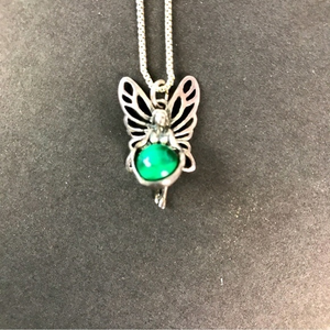 Silver Fairy Pendant Necklace with‎ Aventurine Gemstone and 18” Chain